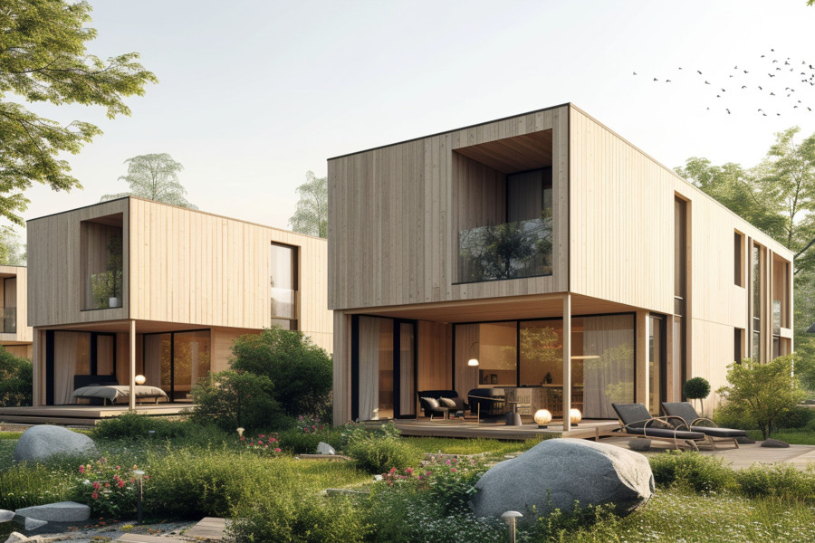 Casas modernas de madeira com grandes janelas panorâmicas, rodeadas por jardim verde e árvores, sob luz suave ao entardecer. Arquitetura contemporânea sustentável, representando habitação ecológica e eficiente.